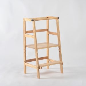 Natural wood kids learning tower with adjustable standing platform rea