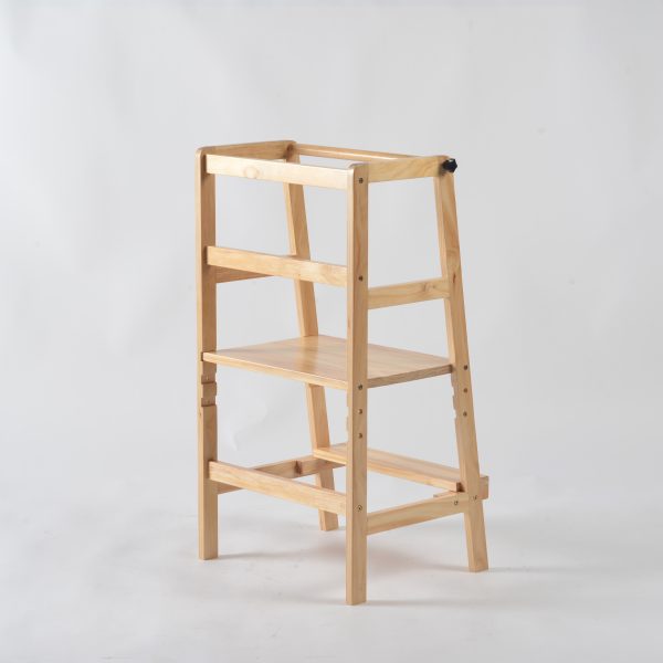 Adjustable Wooden Learning Tower for Kids – Front View Adjustable wooden learning tower for kids with natural wood frame