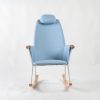 Lightweight Rocking Chair with Headrest – Front View Front view of blue Lightweight Rocking Chair with high backrest, padded headrest and wooden rocker rails