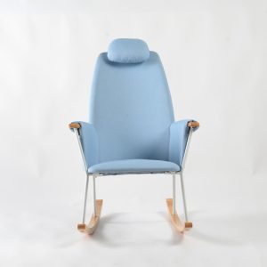 Front view of blue Lightweight Rocking Chair with high backrest, padded headrest and wooden rocker rails