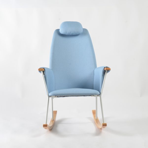 Lightweight Rocking Chair with Headrest – Front View Front view of blue Lightweight Rocking Chair with high backrest, padded headrest and wooden rocker rails