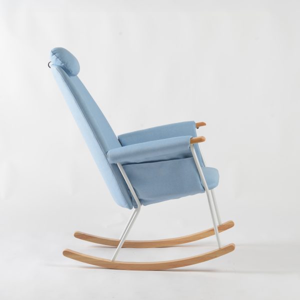 Lightweight Adult Rocking Chair – Side View Side view of Lightweight Rocking Chair with upholstered high back, metal frame and curved wooden rocker rails