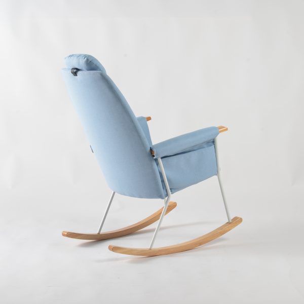 Modern Rocking Chair with Headrest – Rear View Rear angled view of modern adult rocking chair with removable padded headrest and wooden rocker rails