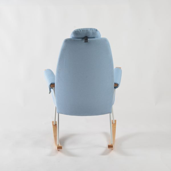 Lightweight Rocking Chair – Back View Back view of blue Lightweight Rocking Chair with tall upholstered backrest and slim metal frame