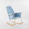 Upholstered Lightweight Rocking Chair – Angled View Angled view of upholstered Lightweight Rocking Chair with cushioned armrests and natural wood rocker rails