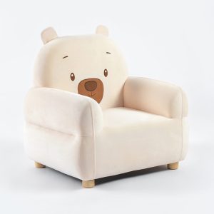 Cute bear kids sofa with cream upholstery, padded armrests and wooden legs