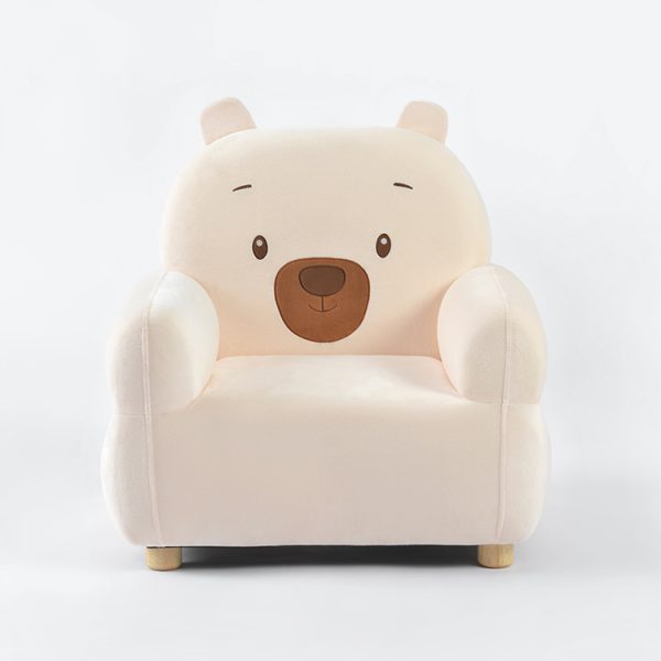 Bear Upholstered Kids Armchair – Front View Front view of upholstered kids armchair with bear-shaped backrest and soft padded seat