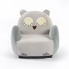Front view of grey owl kids sofa with embroidered face and padded armrests