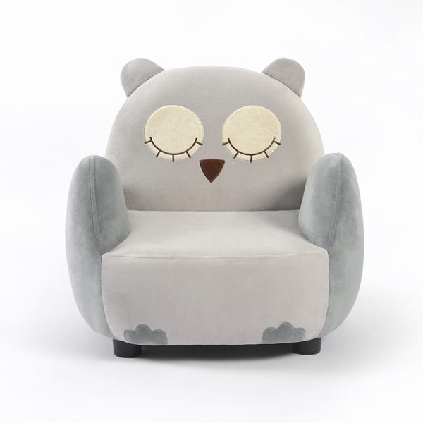 Front view of grey owl kids sofa with embroidered face and padded armrests