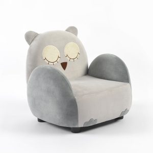 Grey upholstered kids armchair with owl-shaped backrest and wing-style padded sides