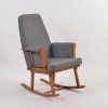 Side profile of Nursing Glider Rocking Chair with padded armrest and wood rocker base