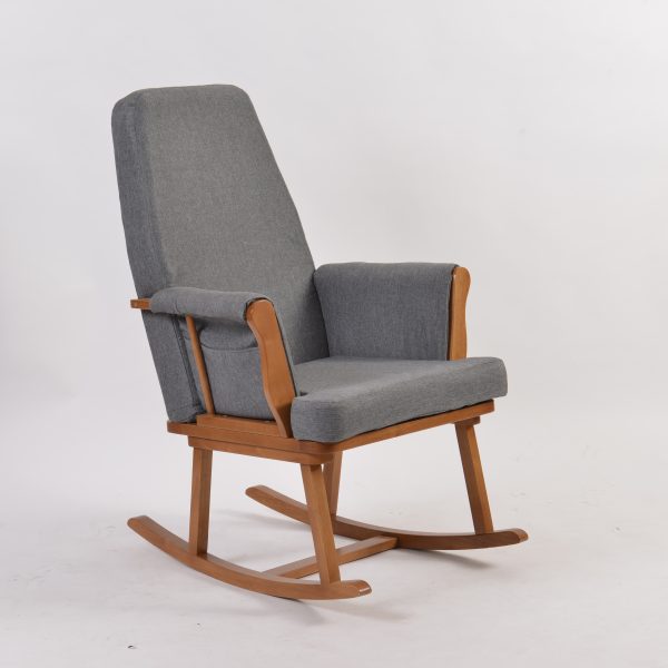 Side profile of Nursing Glider Rocking Chair with padded armrest and wood rocker base