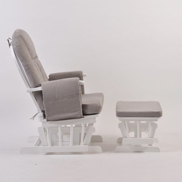 Side profile of White Nursery Glider Chair with Ottoman in grey upholstery