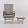 Nursery Glider Chair with Ottoman Front Angle Nursery glider chair with ottoman in beige upholstery and white wooden frame