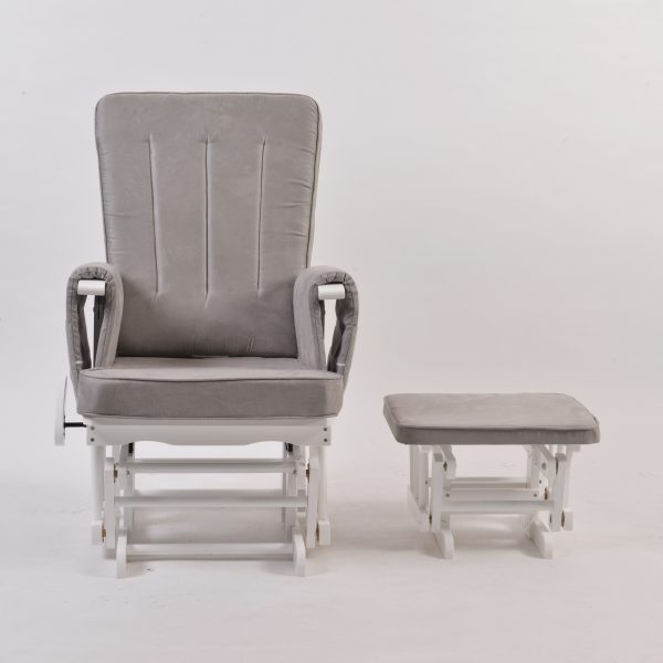 Nursery Glider Chair with Ottoman Front Angle Nursery glider chair with ottoman in beige upholstery and white wooden frame