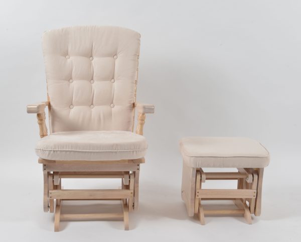 Natural Wood Glider Chair with Ottoman Natural wood nursery glider chair with cream cushions and matching ottoman