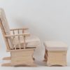 Natural Wood Nursery Glider Side View Side view of natural wood nursery glider chair with cream cushions