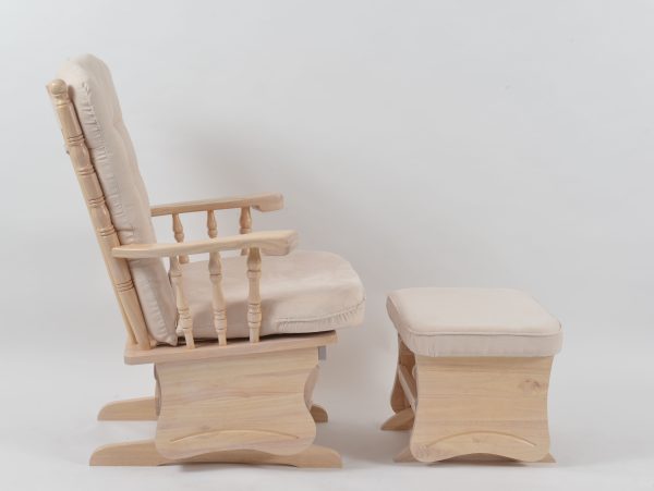 Natural Wood Nursery Glider Side View Side view of natural wood nursery glider chair with cream cushions