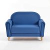 Blue Upholstered Kids Sofa – Front View Blue upholstered Kids Sofa with padded armrests and natural wooden legs, front view