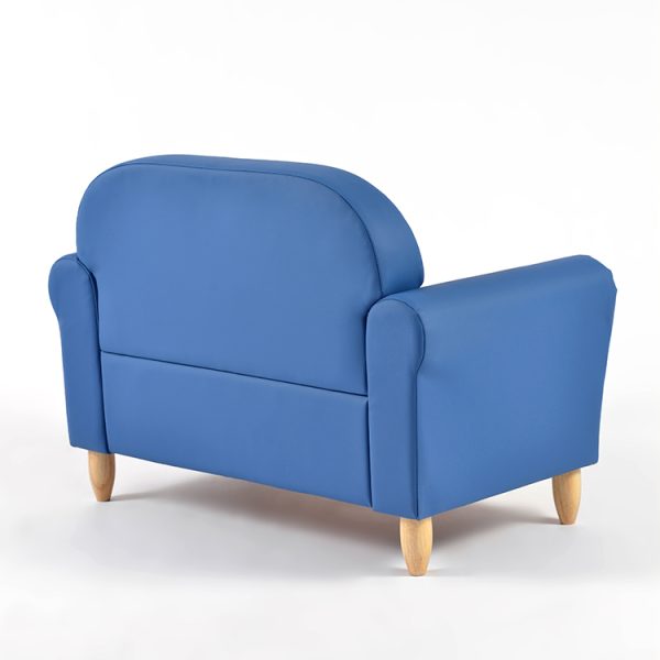 Children's Upholstered Sofa – Rear View Rear angled view of blue children's upholstered sofa with wooden legs