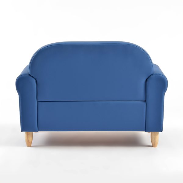 Blue Kids Sofa – Back View Back view of blue Kids Sofa with rounded upholstered backrest and wooden legs