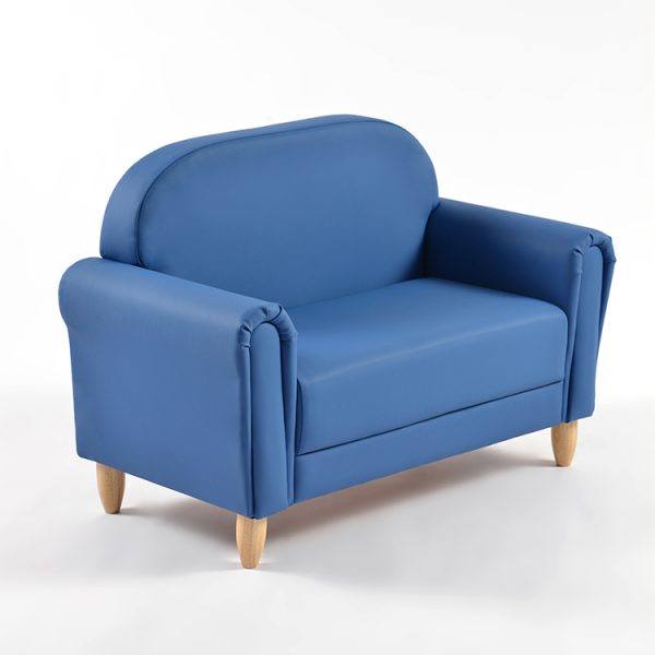 Two Seater Kids Sofa – Angled View Angled view of blue two seater Kids Sofa with padded seat and wooden legs