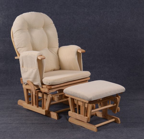 Nursery Glider Chair with Ottoman Padded nursery glider chair with wooden frame, side pockets and matching ottoman