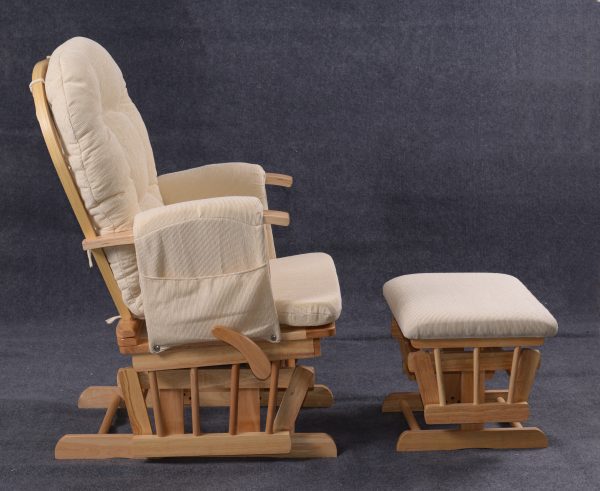 Wooden Nursery Glider Chair Side View Side view of padded wooden nursery glider chair with matching ottoman
