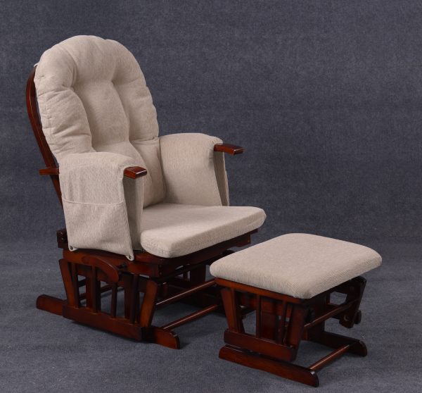 Dark Wood Nursery Glider Chair Padded nursery glider chair with dark wood finish and matching ottoman
