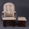 Padded Glider Chair Front View Front view of padded nursery glider chair with dark wooden frame and ottoman