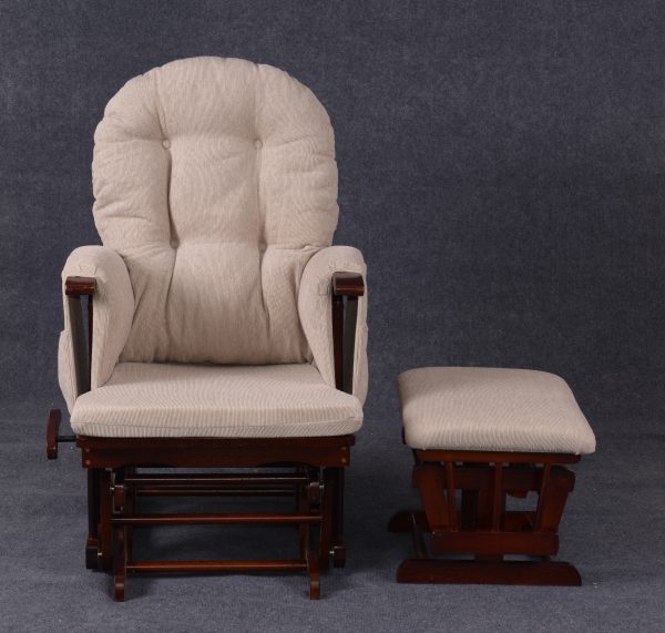 Padded Glider Chair Front View Front view of padded nursery glider chair with dark wooden frame and ottoman