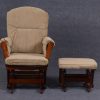 Nursery Glider and Ottoman Set – Front View Front view of wooden nursery glider and matching padded ottoman set