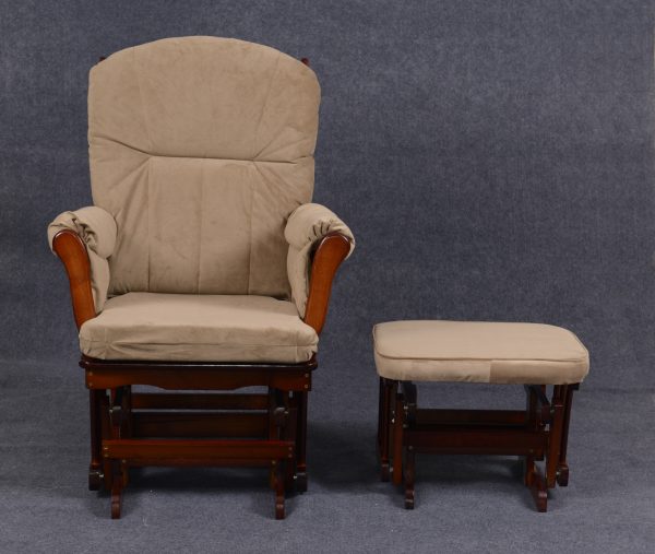 Nursery Glider and Ottoman Set – Front View Front view of wooden nursery glider and matching padded ottoman set