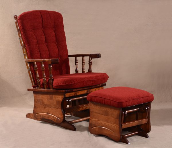 Traditional Wooden Glider and Ottoman Traditional wooden glider chair with red cushions and matching ottoman