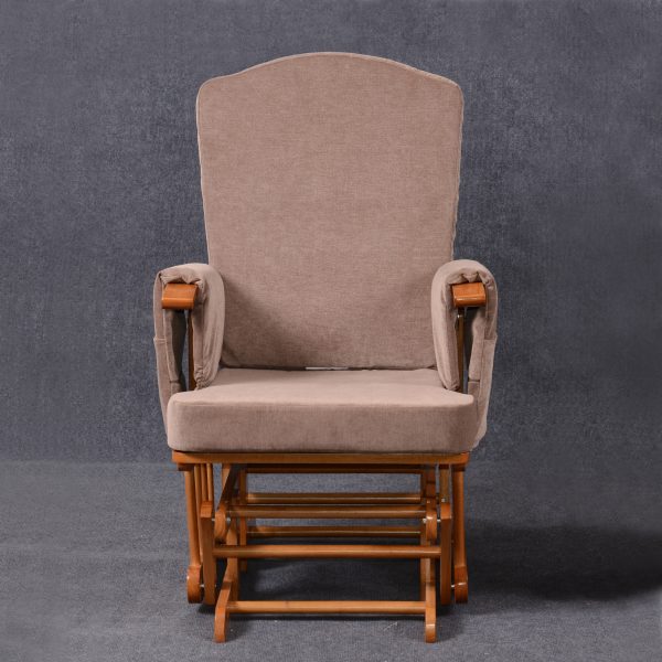 Nursing Glider Chair with Ottoman – Front view Nursing glider chair with padded high back, cushioned armrests and matching ottoman