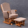 Nursing Glider Chair with Ottoman – Padded Wooden Design Nursing glider chair with padded high back, cushioned armrests and matching ottoman