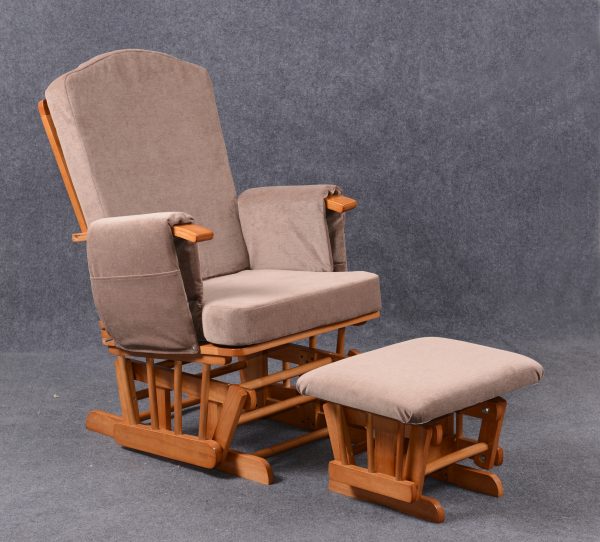 Nursing Glider Chair with Ottoman – Padded Wooden Design Nursing glider chair with padded high back, cushioned armrests and matching ottoman