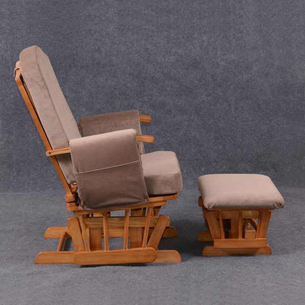 Nursing Glider Chair with Ottoman – Side view Nursing glider chair with padded high back, cushioned armrests and matching ottoman