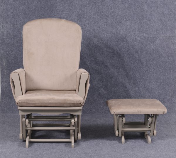 Front view of padded nursery glider with high backrest and matching ottoman