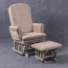 Angled view of classic nursery glider chair with padded seat and footrest ottoman