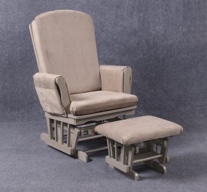 Classic Nursery Glider and Ottoman Set Angled view of classic nursery glider chair with padded seat and footrest ottoman