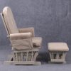 Side view of padded nursery glider with wooden frame and matching ottoman