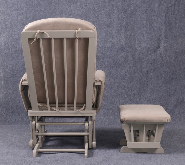 Rear view of wooden nursery glider chair with matching padded ottoman