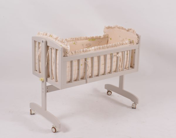 Wooden baby rocking cradle with slatted sides and wheeled base