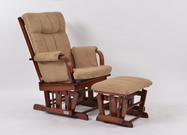 Dark brown Nursery Glider Chair with Ottoman and white wood frame