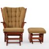 Brown Wooden Nursery Glider Chair Front View Front view of brown wooden nursery glider chair with matching gliding ottoman