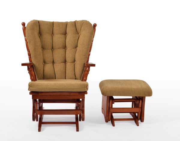 Brown Wooden Nursery Glider Chair Front View Front view of brown wooden nursery glider chair with matching gliding ottoman