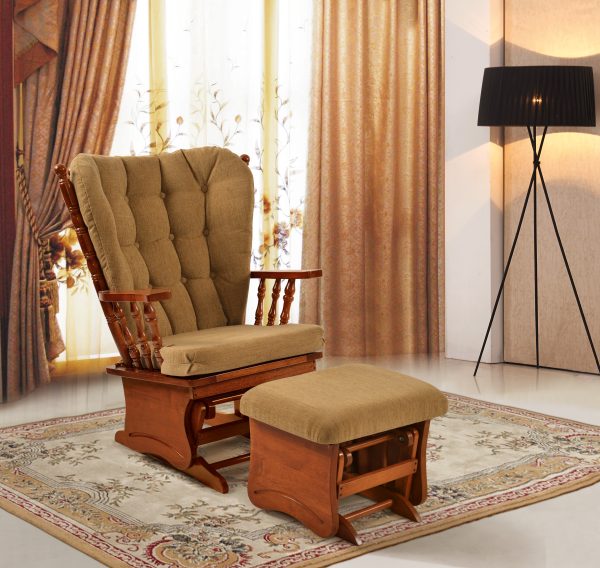 DSC_6387 Brown wooden nursery glider chair with matching ottoman in a furnished room
