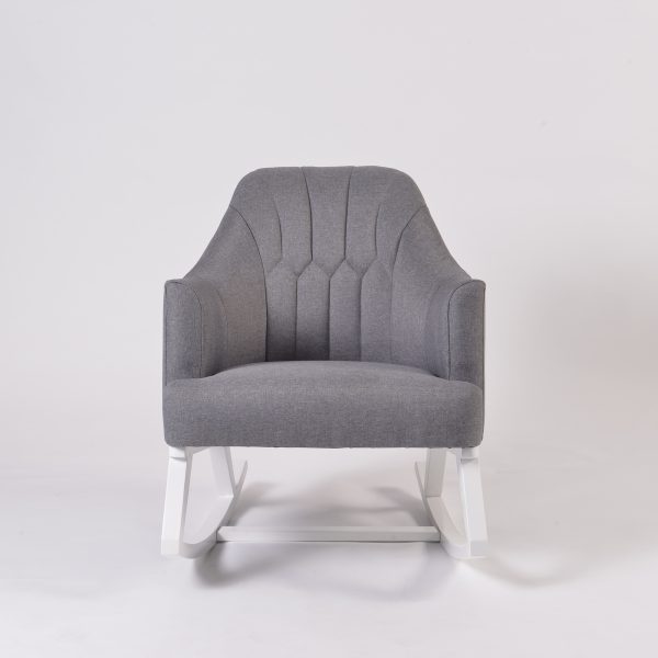 Upholstered nursery rocking chair with channel tufted backrest front view