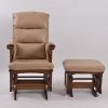 Beige Nursery Glider Chair and Ottoman Beige high-back nursery glider chair with brown wooden ottoman